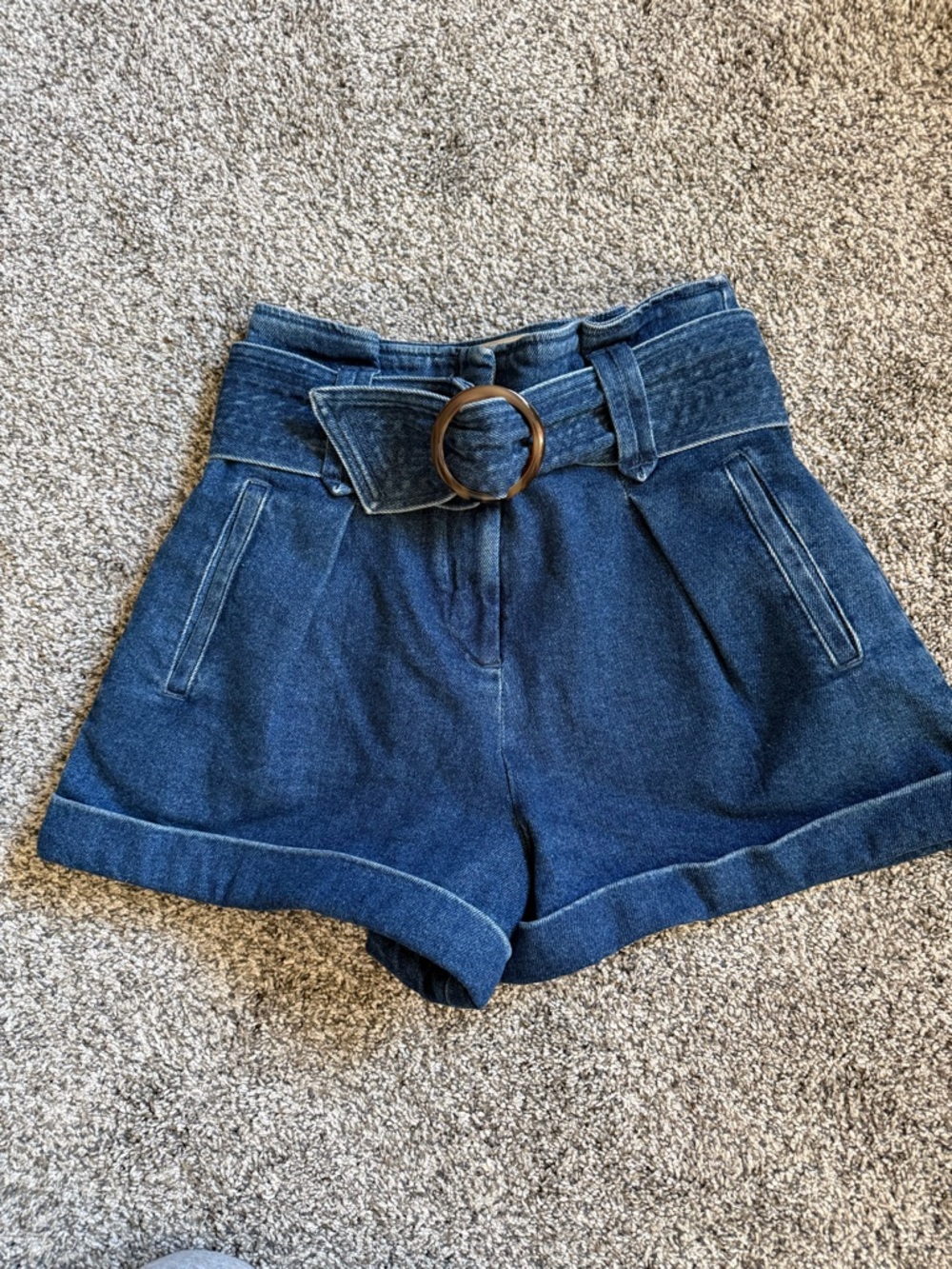 Sezane Dark Blue High-Waist Paperbag Denim Shorts with Belt